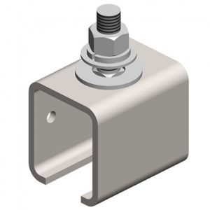 Part No. XA-28741 Standard Duty C-Track Festoon Track Hanger Bracket, For Angle Iron Cross Arm Supports, Stainless Steel, End-Feed Style