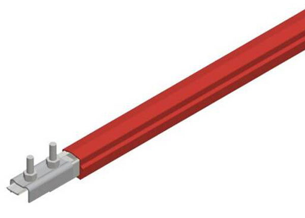 Part No. XA-310203-J Safe-Lec 2 Conductor Bar 125A Galv Steel, Red Medium Heat Polycarbonate Cover, w/ Splice Joint. 4.5M